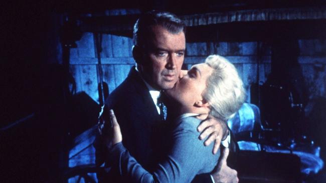 James Stewart with Kim Novak in a scene from Vertigo.