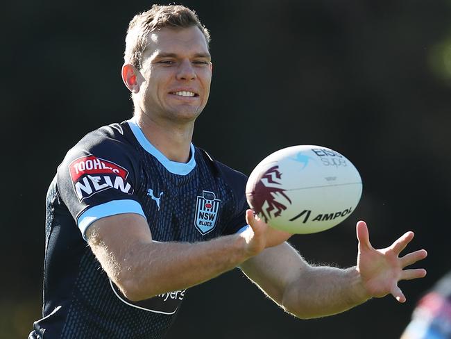 SYDNEY, AUSTRALIA - JUNE 04:  Tom Trbojevic takes a pass during a New South Wales Blues State of Origin training session at Redfern Oval on June 04, 2021 in Sydney, Australia. (Photo by Matt King/Getty Images)