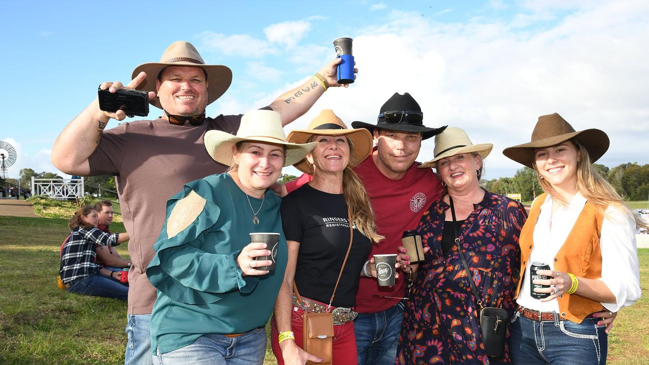 Bradley Nation with (front, from left); Angie Smith, Lisa Nation, Grant Nation, Gilbert Nation and Emma Beverly. Meatstock Festival at the Toowoomba showgrounds. April 2022