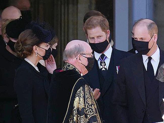 Prince Harry and Prince William walking together after the funeral service for Prince Philip. Picture: BBC