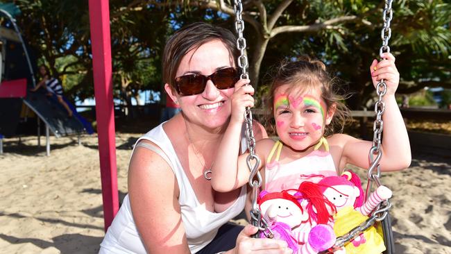 Sue and Mietta Sonego, 5, at Coolum Beach.