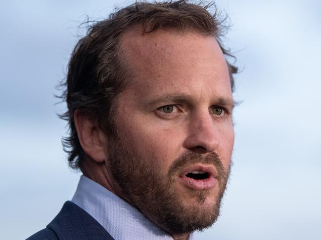 CEO of the Rugby League Players Association (RLPA) Clint Newton speaking to the media after a press conference was given announcing the suspension of the NRL at Rugby League Central in Sydney, Monday, March 23, 2020. (AAP Image/James Gourley) NO ARCHIVING