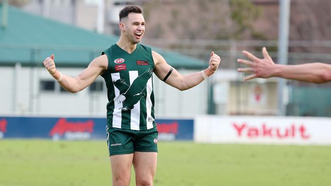 Brendan Godden of Airport West celebrates a goal.Picture: George Salpigtidis