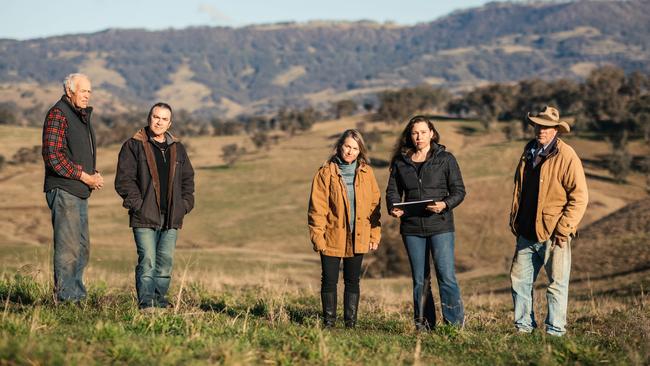 Wind farm opponents: Ian Worley, John Krsulja, Megan Trousdale and Alena Lavrushkina with John Sylvester on his family’s cattle property. Picture: Andrew Pearson