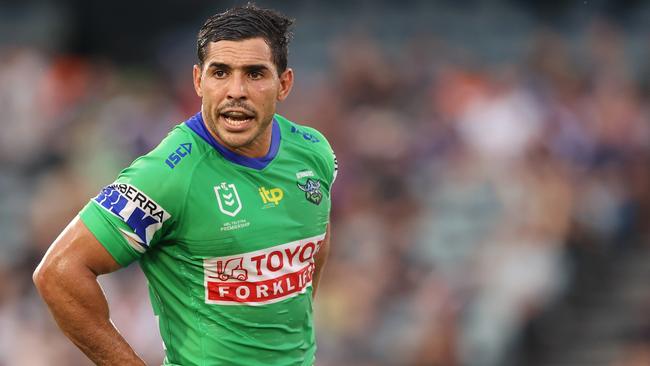 GOSFORD, AUSTRALIA - FEBRUARY 25: Jamal Fogarty of the Raiders looks on during the NRL Trial Match between the Manly Sea Eagles and the Canberra Raiders at Central Coast Stadium on February 25, 2022 in Gosford, Australia. (Photo by Ashley Feder/Getty Images)