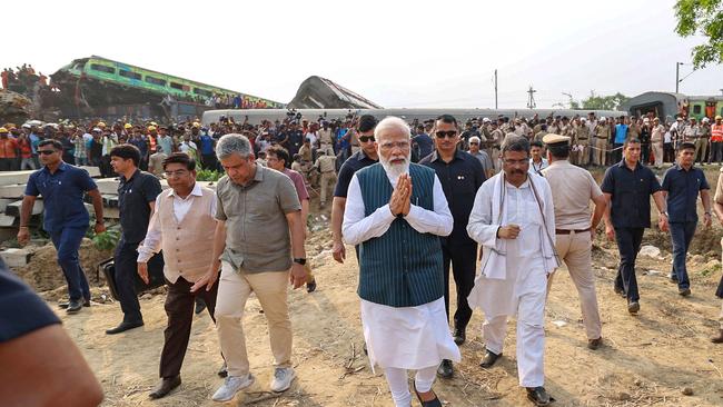 Prime Minister Narendra Modi at the crash site. Picture: AFP