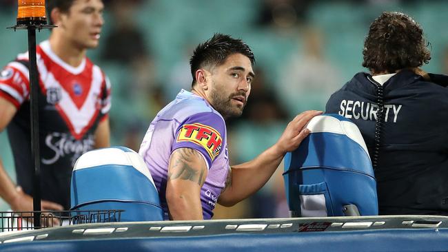 Cronulla's Shaun Johnson leaves the field with injury. He will be replaced by Wade Graham. Picture: Phil Hillyard