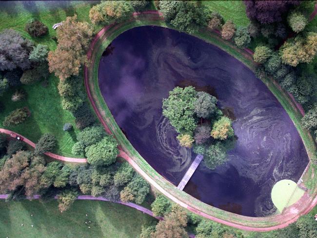 An aerial photo of the island where Princess Diana is buried in the grounds of the Spencer family estate in Althorp, England. Picture: AP