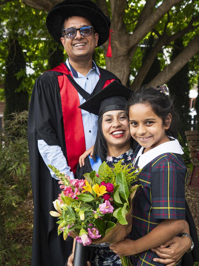 Bachelor of Medical Laboratory Science graduate and Valedictorian Pinkey Timilsina with Prajwal Gyawali of UniSQ's School of Health and Medicine and their daughter Anaya Gyawali at a UniSQ graduation ceremony at The Empire, Tuesday, October 29, 2024. Picture: Kevin Farmer