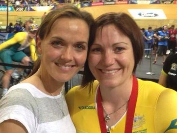 Former cycling sprint rivals turned besties - England's retired world champion Victoria Pendleton (left) and Australia's Olympic champion Anna Meares, who beat Pendleton in the London Olympic final, pose at the Sir Chris Hoy Velodrome Pic by: BBC RAdio 5 Live