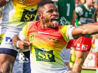 Judah Rimbu celebrates scoring a try for PNG Hunters. Source: Instagram.