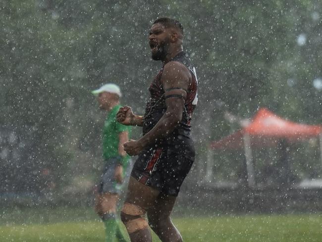 Malachi Walley playing for the Tiwi Bombers in the 2024-25 NTFL season. Picture: Jack Riddiford / AFLNT Media