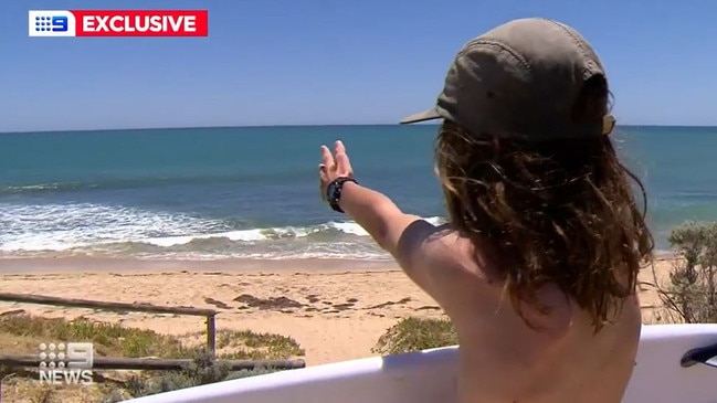 Bryce points to the spot where he came face-to-face with every surfers worst nightmare. Picture: Nine News