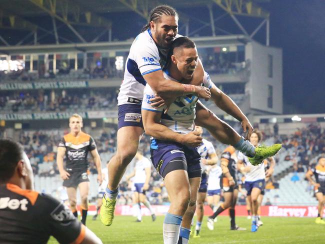 Jarryd Hayne celebrates scoring his second try of the night. Picture: Mark Evans