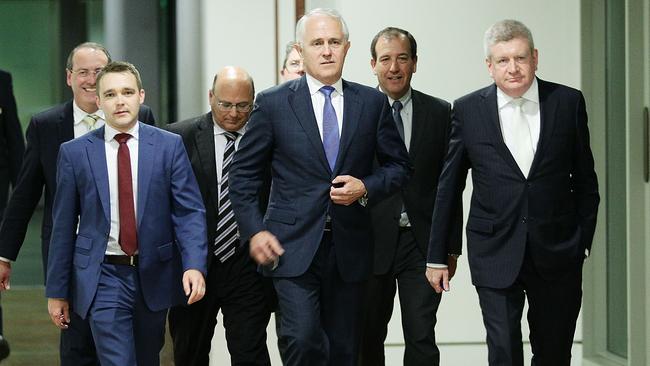 Long walk to destiny: Malcolm Turnbull, flanked by supporters including Peter Hendy, Wyatt Roy, Arthur Sinodinis, Mal Brough and Mitch Fifield, arrives at the Liberal partyroom for the September 14 ballot.