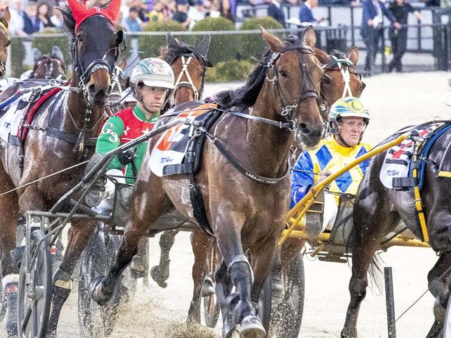 Just Believe winning Inter Dominion Trotting Championship Grand Final at Melton, driver Greg Sugars, December 10, 2022. Picture: Stuart McCormick