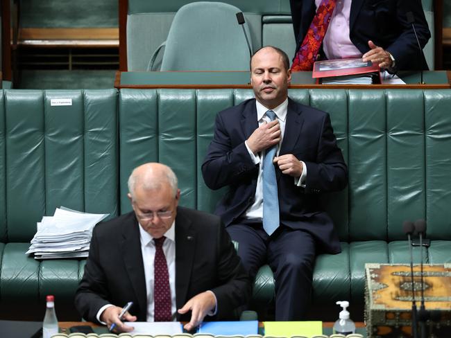 CANBERRA, AUSTRALIA NewsWire Photos MARCH, 23 2021: Josh Frydenberg with Prime Minister Scott Morrison during Question Time in the House of Representatives in Parliament House Canberra.Picture: NCA NewsWire / Gary Ramage