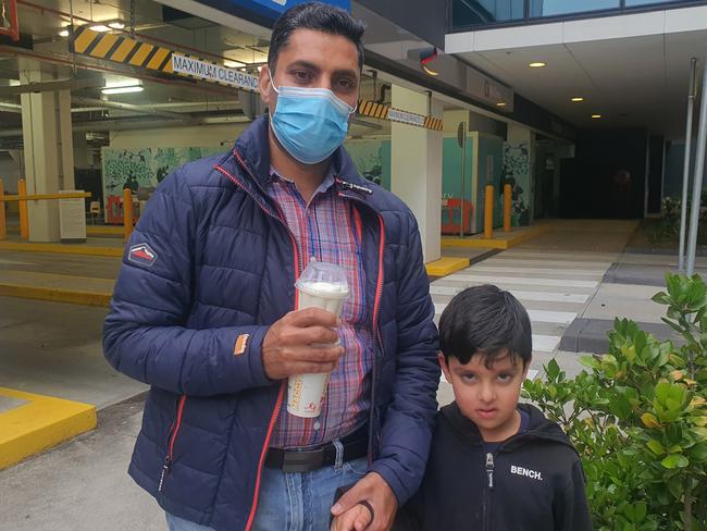 Baldeep Dhaliwal and his four-year-old son, Fateh, outside the Royal Children’s Hospital Melbourne. Picture: Mitch Ryan