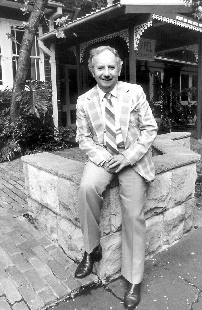 Reverend Ted Noffs outside his Wayside Chapel at Kings Cross in Sydney in 1984. Pic Alan Pryke.