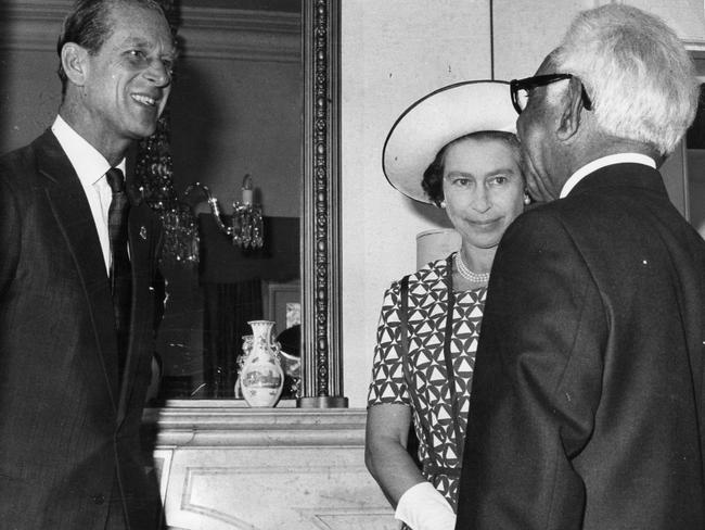 SA Governor Sir Douglas Nicholls meeting the Queen and Prince Philip at Government House in 1977.