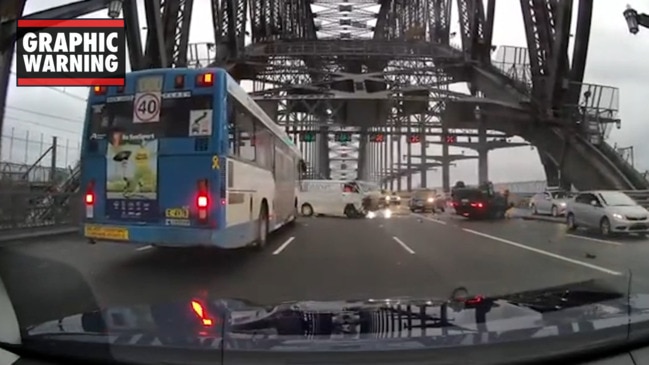 Moment stolen car causes fiery Sydney Harbour Bridge crash