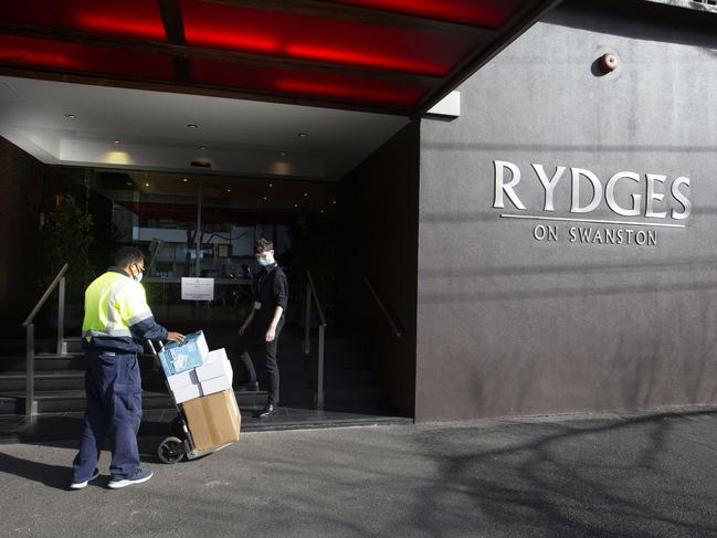 Staff at Rydges on Swanston receive a delivery of PPE. Picture: NCA NewsWire / David Geraghty