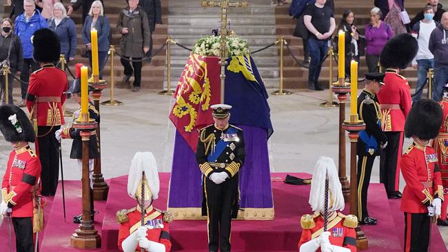 King Charles III attends a vigil around the coffin of Queen Elizabeth II, lying in state in Westminster Hall, at the Palace of Westminster in London. Picture: AFP