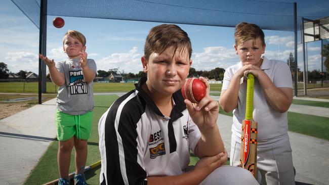 19/4/16 Billy Mair 5, Brad Packham 11and Brody Mair 11 in their cricket gear at the nets of Largs Bay Reserve. Picture by Matt Turner.