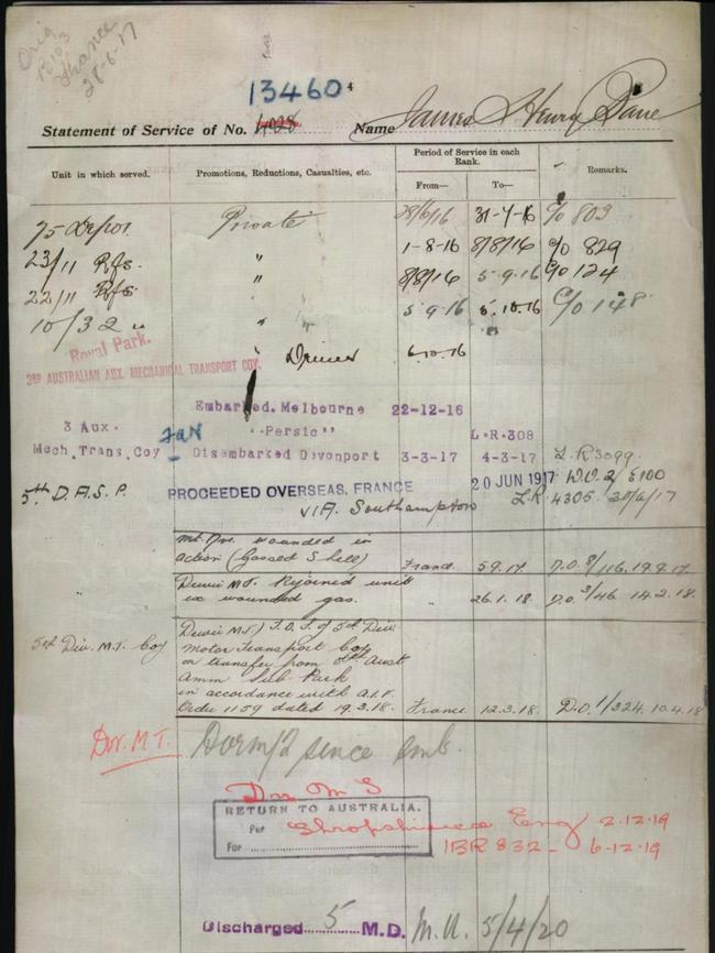 His medical records. Courtesy National Archives of Australia