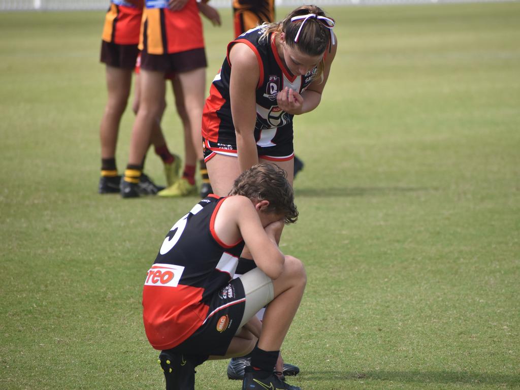 Chayse Hollows in the North Mackay Saints v Mackay Swarks u14 AFL grand final at Magpies Sporting Club, Mackay, September 11, 2021. Picture: Matthew Forrest