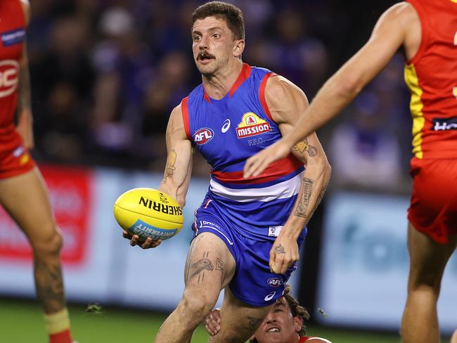 AFL Round 5.   17/04/2021.Western Bulldogs vs Gold Coast Suns at Marvel Stadium, Melbourne.    Bulldog Tom Liberatore goes to work in traffic during the 2nd qtr.   . Pic: Michael Klein