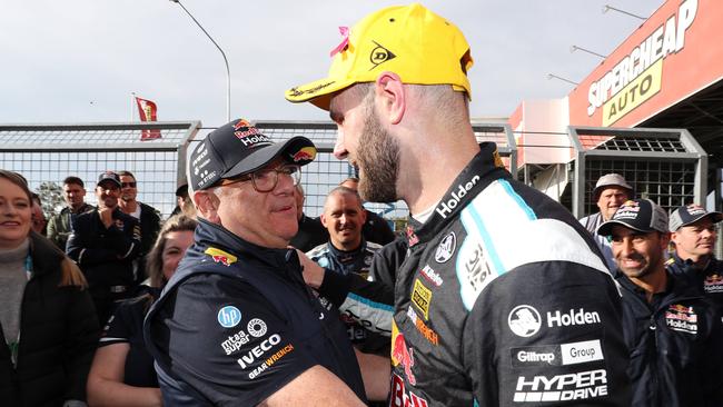 DAILY TELEGRAPH - Pictured is Shane van Gisbergen from Redbull Holden Racing Team, celebrating with Team Owner Roland Dane after winning the Supercheap Auto Bathurst 1000 at Mount Panorama Raceway today. Picture: Tim Hunter.