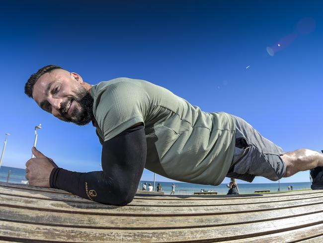 Planking guinness World Record - to raise money for CRPS.Daniel Scali has just been approved to attempt to break the Guinness World Record for the world's longest abdominal plank. Pictured at Henley Square.Friday 30 April  2021 Pic Roy VanDerVegt