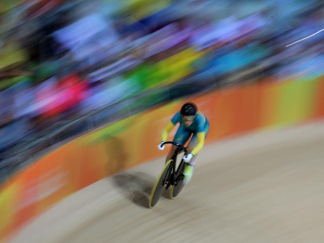 Annette Edmondson in action during the Women's Omnium Flying Lap at the Rio Olympics 2016 track cycling at the Rio Olympic Velodrome. Picture: Adam Head