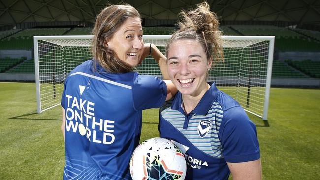 Melbourne Victory and Adelaide Crows AFLW player Jenna McCormick (right), pictured with Laura Brock, has been named in the Matildas squad for the Tokyo 2020 qualifiers. Picture: David Caird