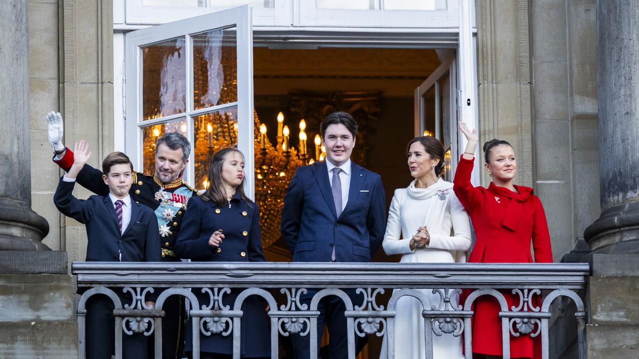 King Frederik X with Queen Mary, Crown Prince Christian, Princess Isabella, Prince Vincent and Princess Josephine enters the balcony on Amalienborg Castle after the proclamation. Picture: Getty Images