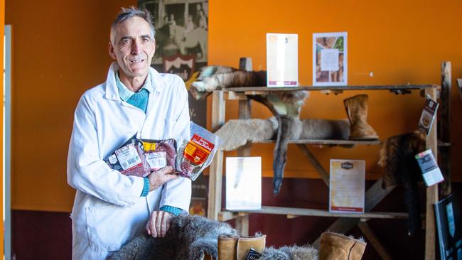 John Kelly of Lenah Game Meats in Rocherlea shows off some of his businesses products including wallaby meat and Wugg (Wallaby Ugg) boots. Picture: Patrick Gee