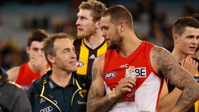 Alastair Clarkson chats with his former star Lance Franklin after a recent meeting. Pic: Getty Images