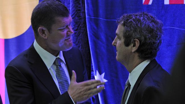 Crown chairman James Packer with then CEO Rowen Craigie in 2013. Picture: AAP Image/Julian Smith.