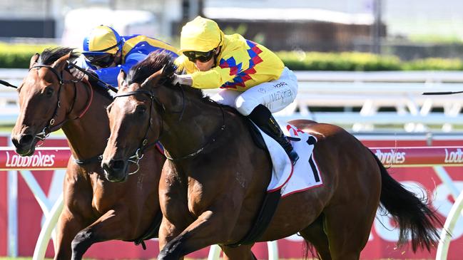 Freedom Rally scores the Listed Wayne Wilson at Eagle Farm for trainer Tony Gollan and jockey James McDonald. Pictures: Grant Peters, Trackside Photography.