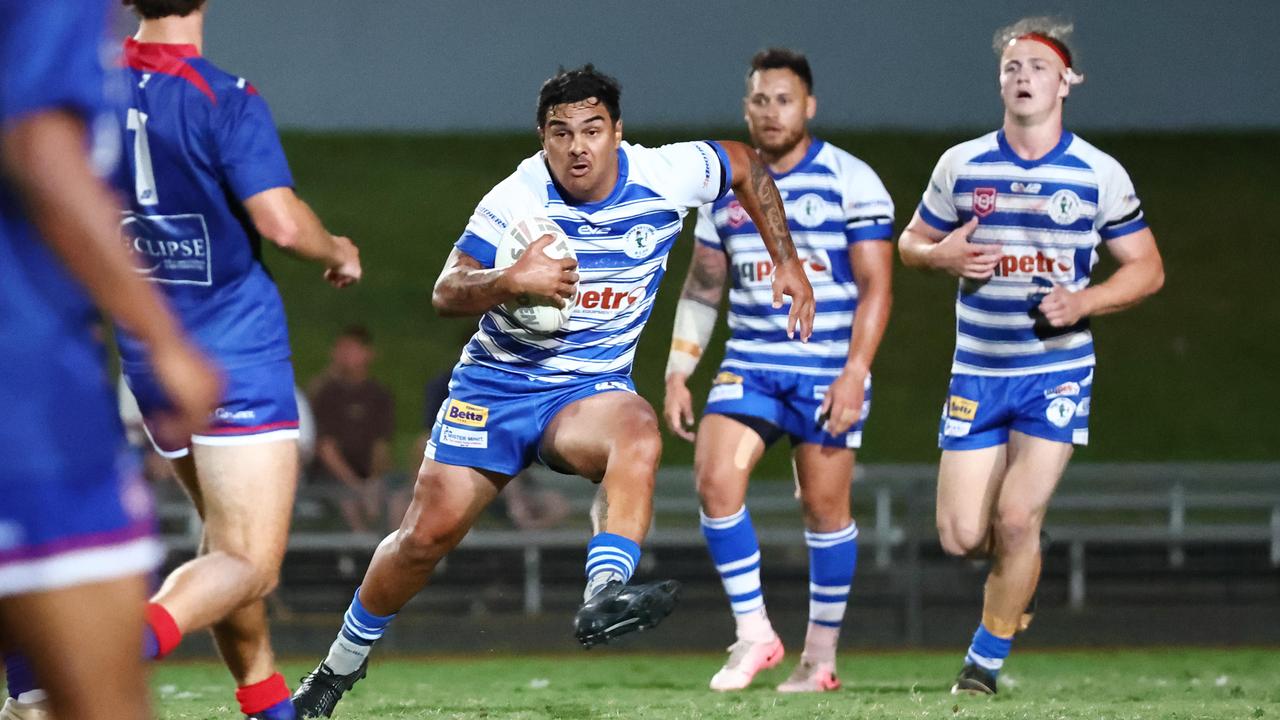 Brothers' Falcon Peni puts in a charging run in the FNQRL A grade grand final match between the Ivanhoe Knights and the Cairns Brothers, held at Barlow Park. Picture: Brendan Radke