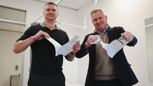 Regan Dransfield (L) and Premier Jeremy Rockliff at the announcement of the implementation of the eReferral system on June 26, 2023.