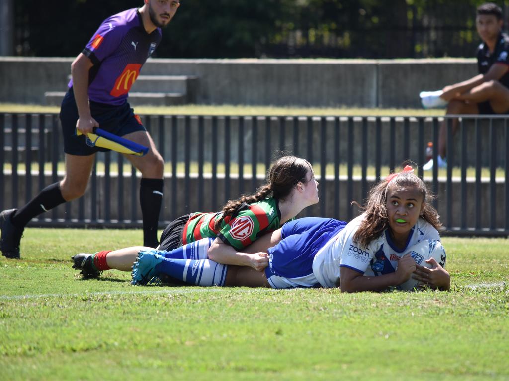 Litia Fusi crosses the line for Canterbury. Picture: Sean Teuma/NewsLocal