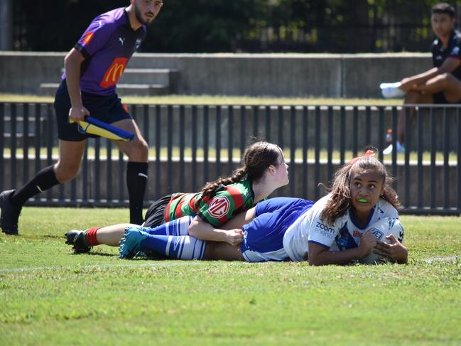 Litia Fusi crosses the line for Canterbury. Picture: Sean Teuma/NewsLocal