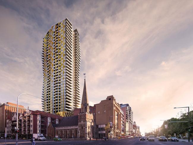 The 132m Realm Adelaide apartment tower will be equal in height to Adelaide’s current tallest building Westpac House.