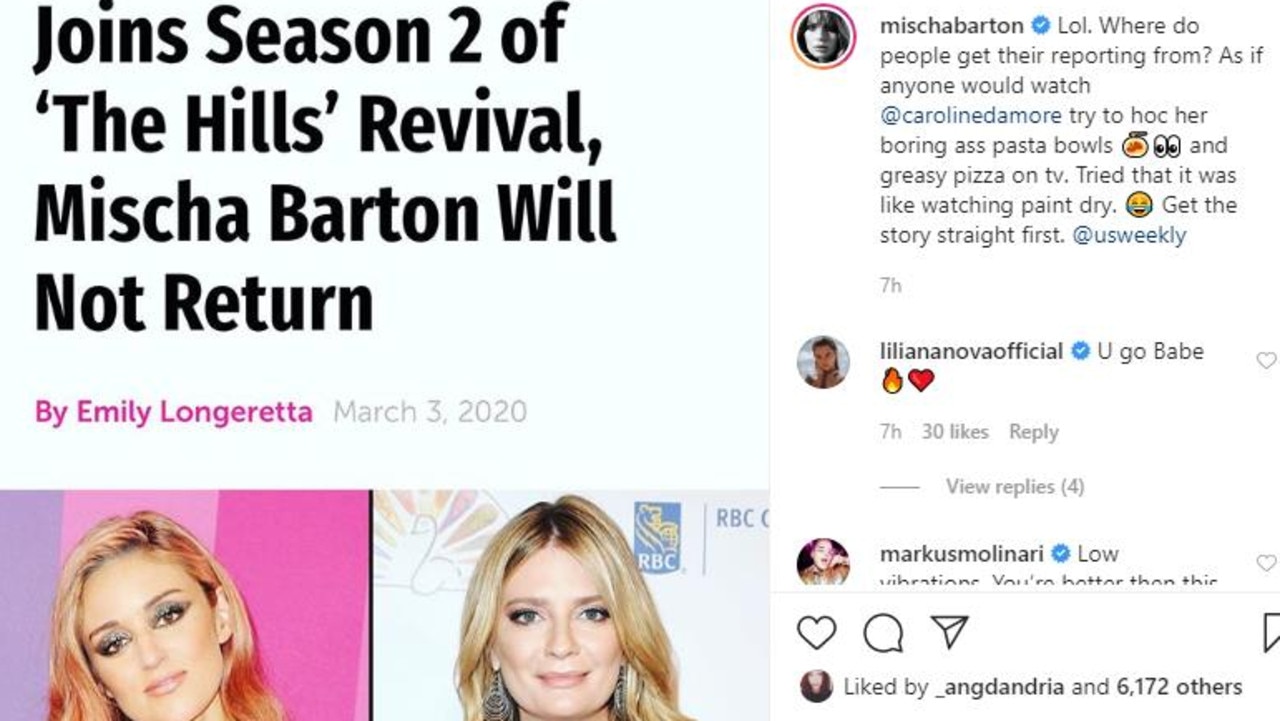 Mischa Barton's Instagram post about Caroline D'Amore.