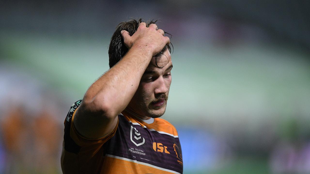 Patrick Carrigan of the Broncos reacts following the Round 5 NRL match between the Manly Sea Eagles and the Brisbane Broncos at Central Coast Stadium in Gosford, Thursday, June 11, 2020. (AAP Image/Dan Himbrechts) NO ARCHIVING, EDITORIAL USE ONLY