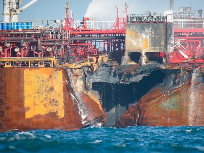 A photograph taken on March 12, 2025 shows the MV Stena Immaculate tanker at anchor in the North Sea, off the coast of Withernsea, east of England, after it was hit by the MV Solong container vessel on March 10. Picture: AFP