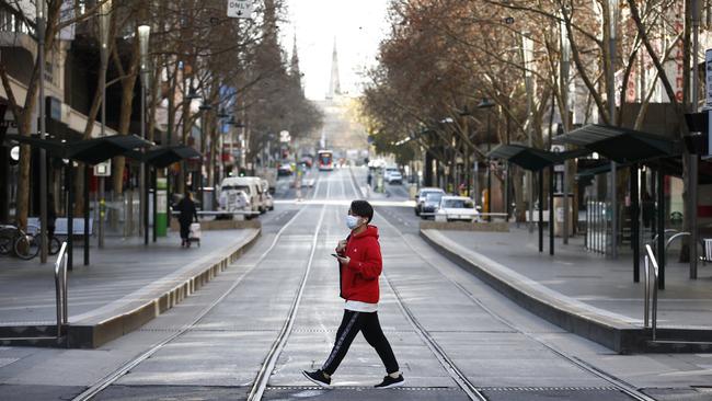 Bourke Street in Melbourne looks forlorn on Monday. Picture: Aaron Francis