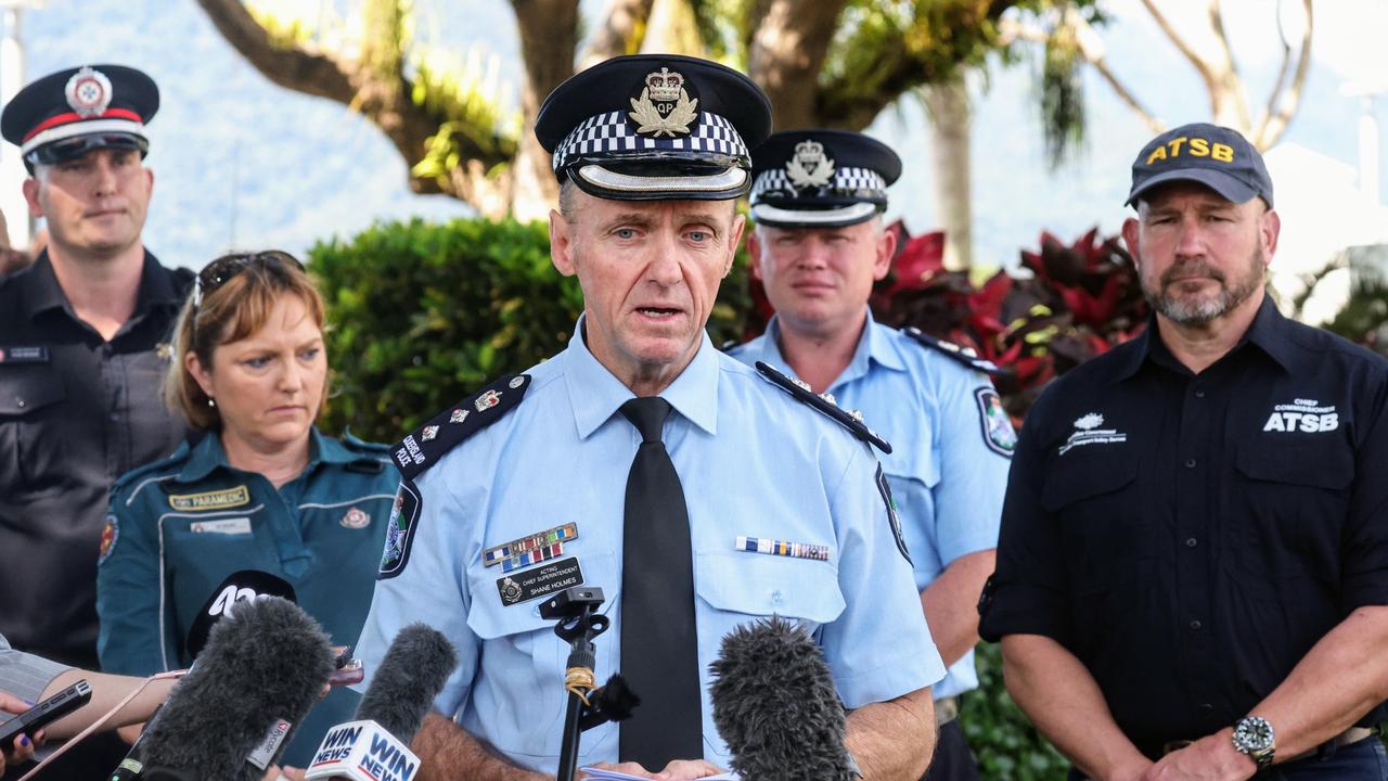 Queensland Police Far Northern District Chief Superintendent Shanes Holmes speaks to the media on the Cairns Esplanade, where a stolen helicopter on an unauthorised flight crash landed at about 1:50am Monday, killing the pilot. Picture: Brendan Radke